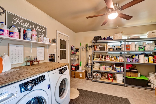 laundry area featuring washing machine and dryer, ceiling fan, and light tile patterned flooring