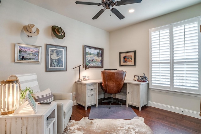 office featuring ceiling fan, plenty of natural light, and dark hardwood / wood-style flooring