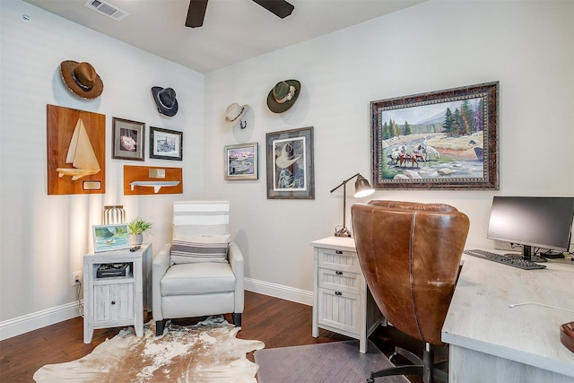 home office featuring dark hardwood / wood-style flooring and ceiling fan