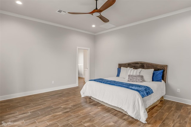 bedroom with crown molding and ceiling fan