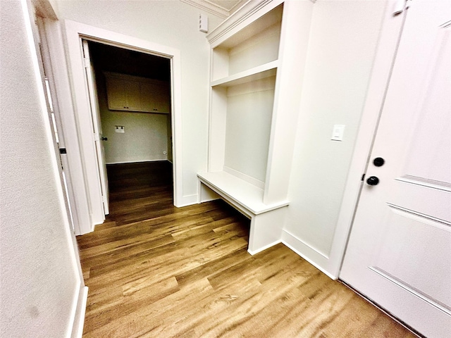 mudroom with ornamental molding and light wood-type flooring