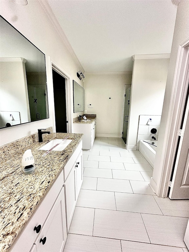 bathroom with vanity, tile patterned floors, ornamental molding, and plus walk in shower