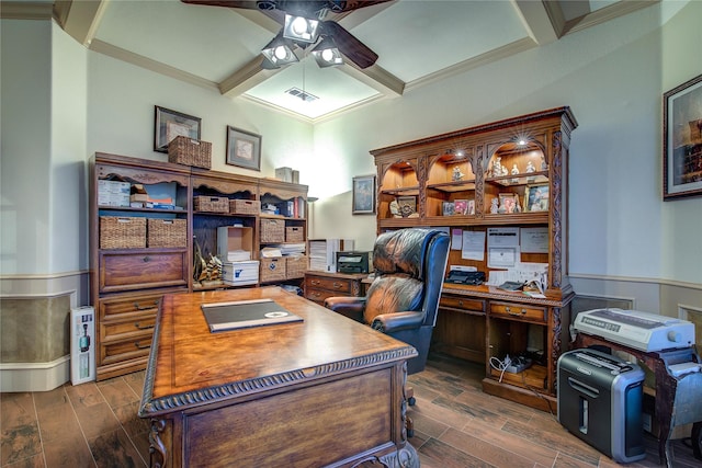 office area with beamed ceiling, ceiling fan, ornamental molding, and dark hardwood / wood-style flooring