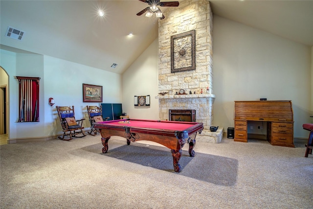 game room with ceiling fan, high vaulted ceiling, carpet floors, a fireplace, and pool table