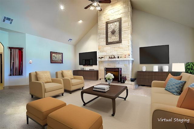 carpeted living room with a fireplace, high vaulted ceiling, and ceiling fan