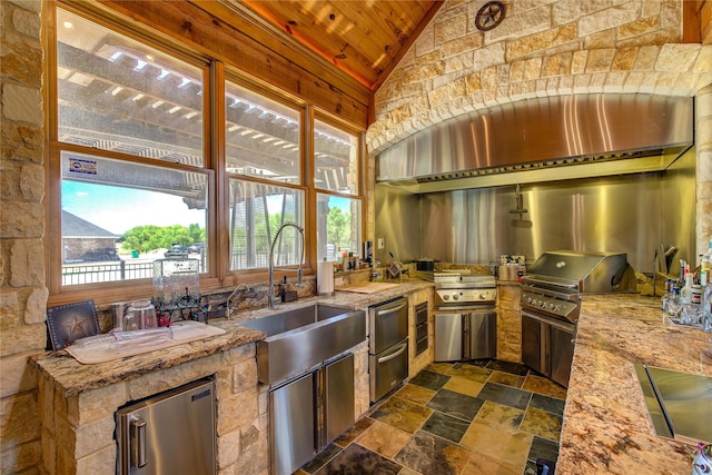 kitchen featuring high vaulted ceiling, sink, light stone countertops, wall chimney range hood, and wooden ceiling