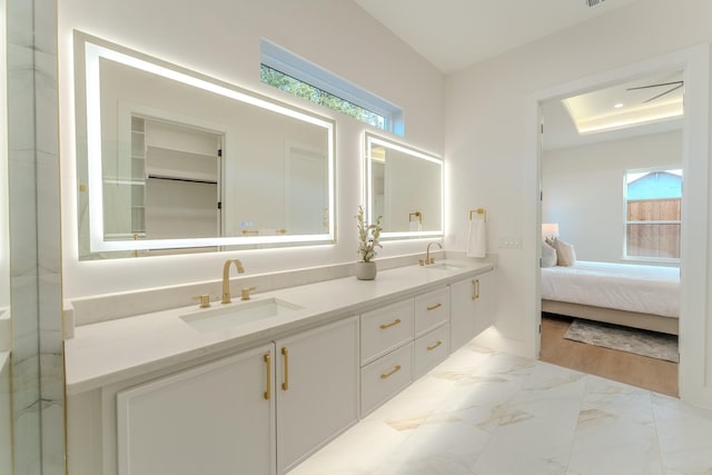 bathroom featuring a raised ceiling and vanity