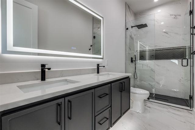 bathroom with vanity, an enclosed shower, and toilet