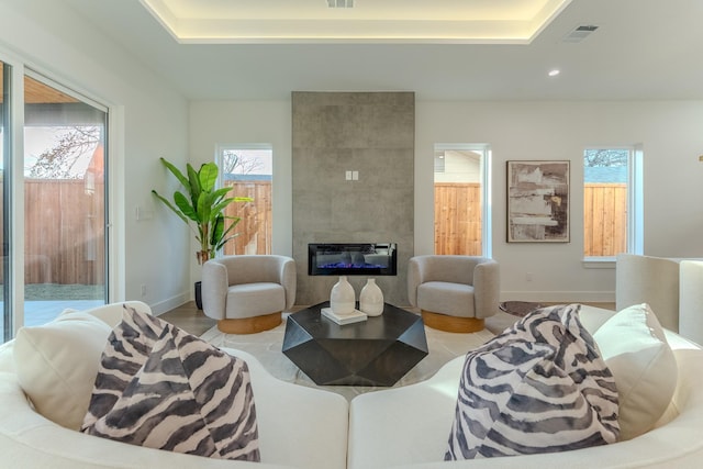 living room featuring a large fireplace and a raised ceiling