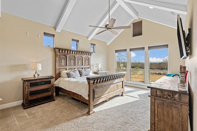 carpeted bedroom featuring beamed ceiling, high vaulted ceiling, and ceiling fan