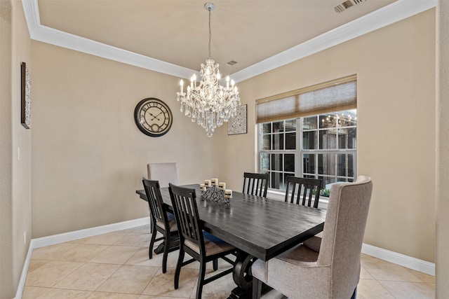 tiled dining area with ornamental molding and a chandelier