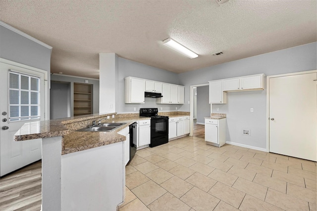 kitchen featuring sink, black appliances, a textured ceiling, kitchen peninsula, and white cabinets