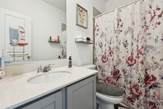 bathroom featuring vanity, a shower with shower curtain, and toilet