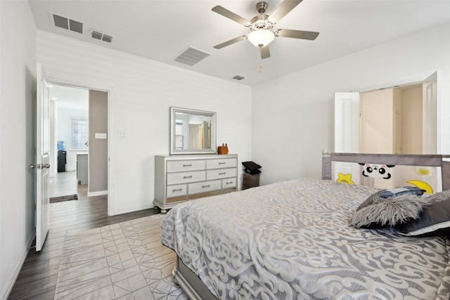 bedroom featuring ceiling fan and light wood-type flooring