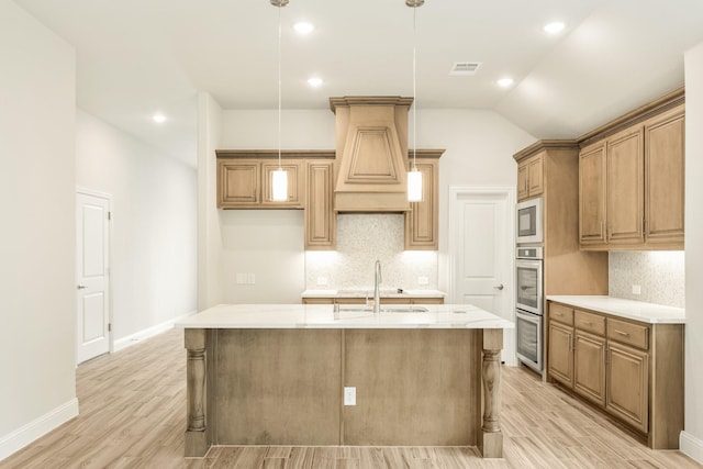 837 Rusty Run Dr, Midlothian, TX 76065 - kitchen with a sink, stainless steel appliances, light wood-type flooring, decorative backsplash, and lofted ceiling
