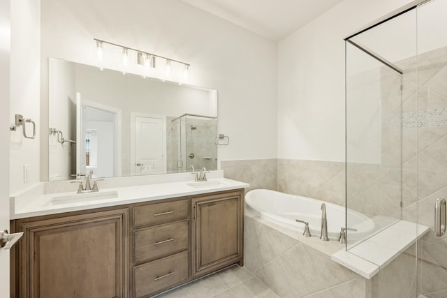 837 Rusty Run Dr, Midlothian, TX 76065 - bathroom featuring a stall shower, a bath, double vanity, and tile patterned floors