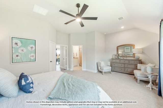 carpeted bedroom with vaulted ceiling, ceiling fan, and ensuite bathroom