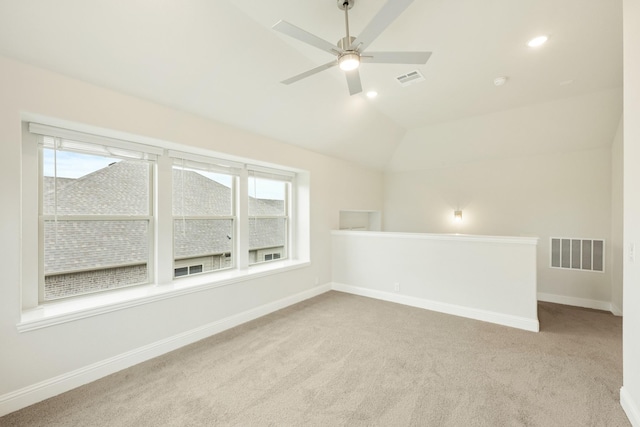 837 Rusty Run Dr, Midlothian, TX 76065 - carpeted empty room featuring plenty of natural light, ceiling fan, baseboards, lofted ceiling, and recessed lighting