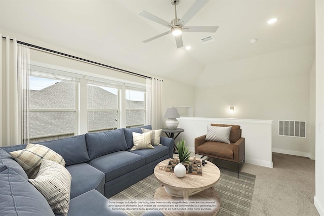 837 Rusty Run Dr, Midlothian, TX 76065 - living area featuring a ceiling fan, carpet flooring, lofted ceiling, baseboards, and recessed lighting