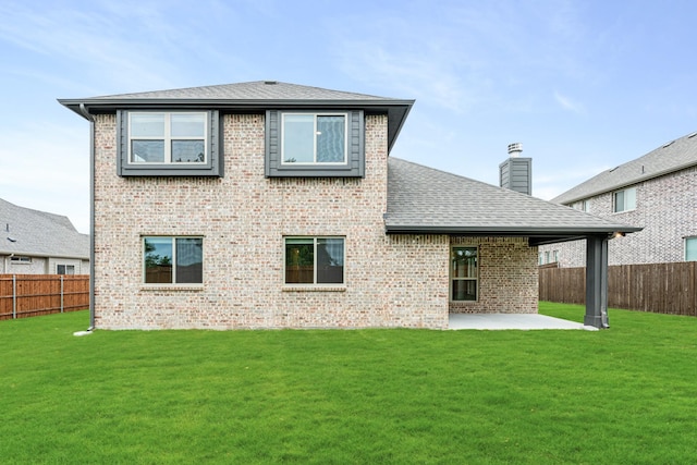 837 Rusty Run Dr, Midlothian, TX 76065 - back of property with brick siding, a patio area, a shingled roof, and a chimney
