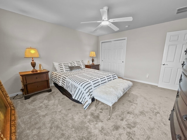9801 Georgia Ave, Denton, TX 76207 - bedroom with carpet flooring, baseboards, a closet, and a ceiling fan