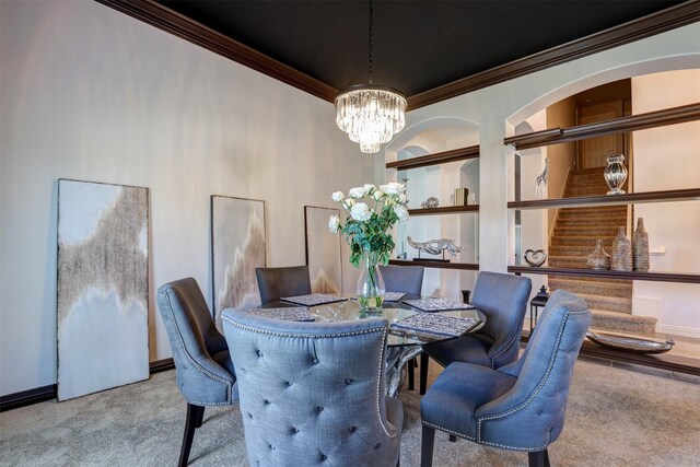 9801 Georgia Ave, Denton, TX 76207 - dining room featuring crown molding, a chandelier, carpet, and baseboards