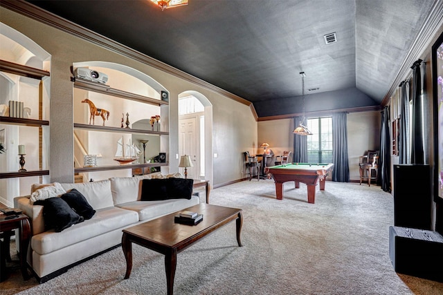 game room featuring built in features, lofted ceiling, carpet floors, ornamental molding, and pool table