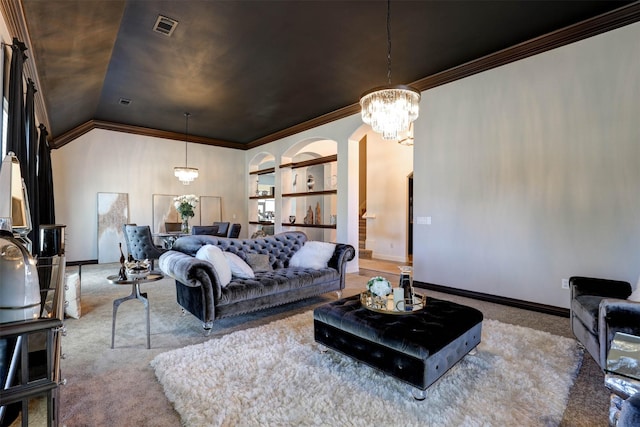 9801 Georgia Ave, Denton, TX 76207 - living area featuring ornamental molding, a chandelier, carpet flooring, built in features, and baseboards