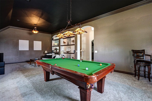 game room featuring pool table, ornamental molding, and carpet flooring