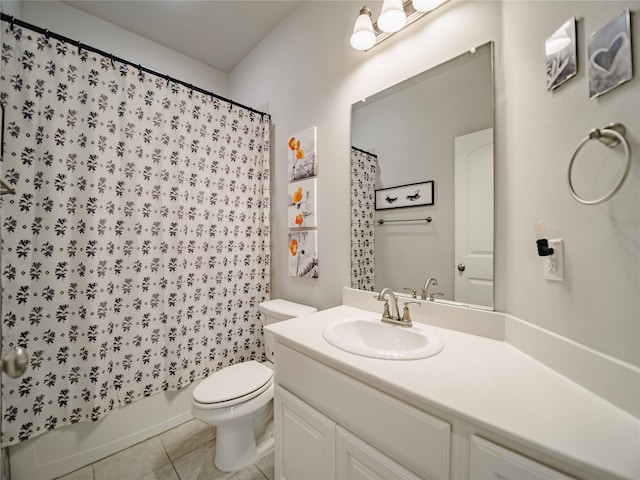 full bathroom featuring toilet, vanity, shower / bathtub combination with curtain, and tile patterned flooring