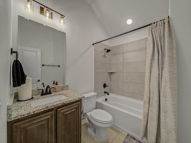 full bathroom featuring lofted ceiling, tile patterned flooring, vanity, shower / bath combination with curtain, and toilet