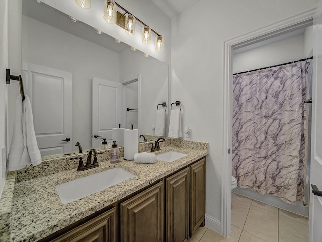 full bathroom with tile patterned flooring, vanity, shower / bath combination with curtain, and toilet