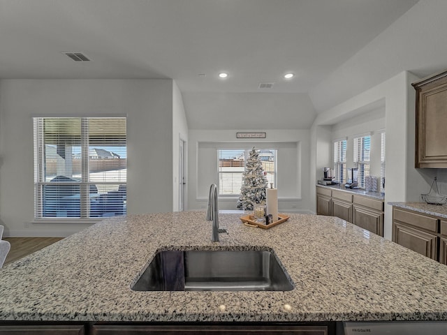 kitchen featuring sink, wood-type flooring, vaulted ceiling, an island with sink, and light stone countertops