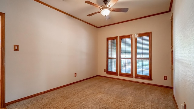 unfurnished room with light carpet, crown molding, and ceiling fan