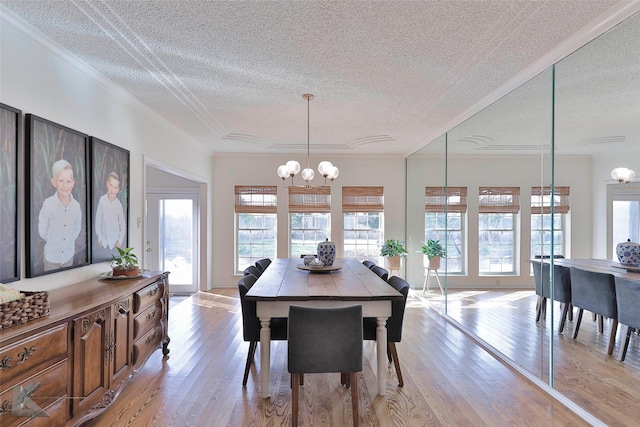 dining room with ornamental molding, a healthy amount of sunlight, an inviting chandelier, and light hardwood / wood-style floors