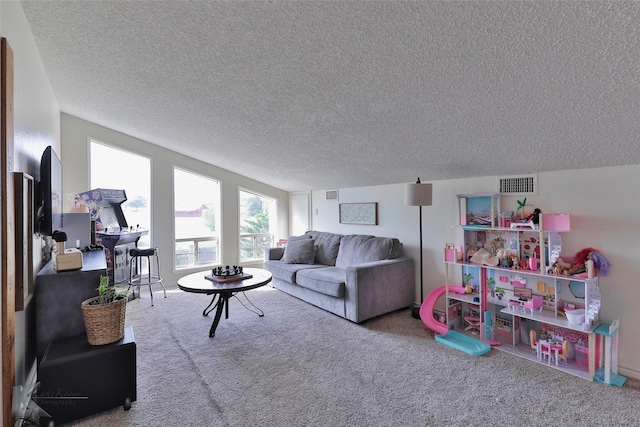 living room with carpet floors and a textured ceiling