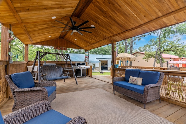 86593 N State Highway 289, Pottsboro, TX 75076 - wooden deck with outdoor lounge area, area for grilling, and ceiling fan