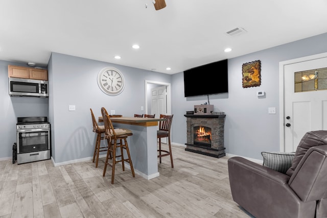 86593 N State Highway 289, Pottsboro, TX 75076 - interior space featuring stainless steel appliances, ceiling fan, a fireplace, and light hardwood / wood-style floors