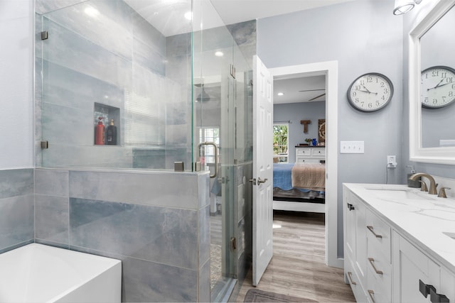 86593 N State Highway 289, Pottsboro, TX 75076 - bathroom with vanity, hardwood / wood-style flooring, and plus walk in shower
