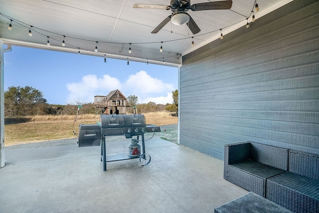 view of patio / terrace with a grill, outdoor lounge area, and ceiling fan