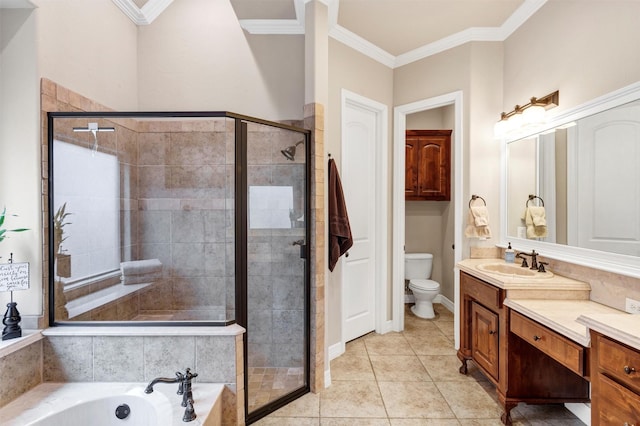 full bathroom featuring ornamental molding, plus walk in shower, and toilet