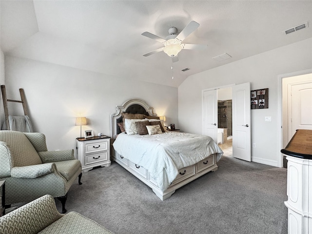 bedroom with lofted ceiling, carpet floors, and ceiling fan