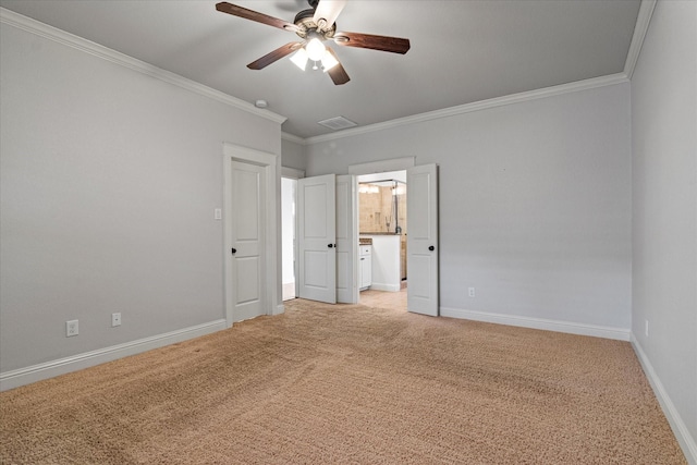 unfurnished bedroom with crown molding, ceiling fan, and light carpet