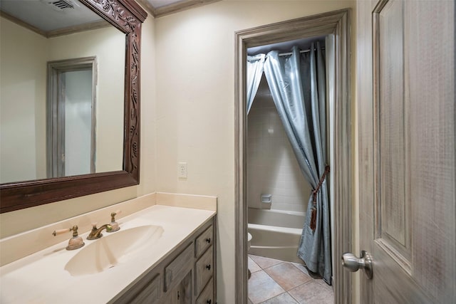 full bathroom featuring shower / bathtub combination with curtain, crown molding, tile patterned flooring, vanity, and toilet