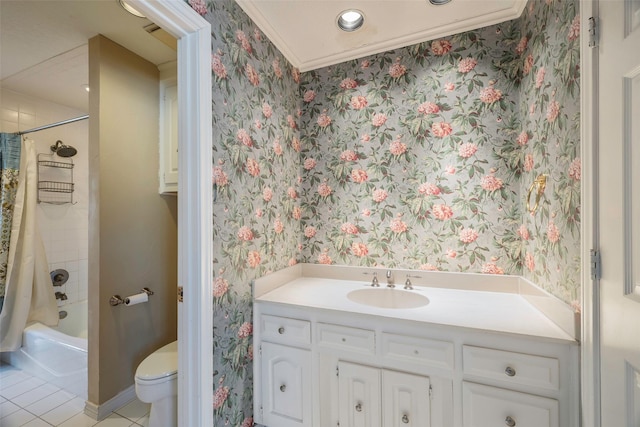 full bathroom with vanity, shower / bath combo, and toilet