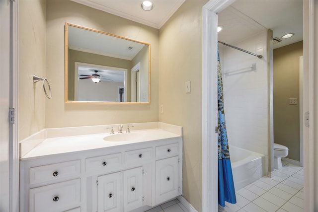 full bathroom with tile patterned flooring, vanity, toilet, crown molding, and shower / bathtub combination with curtain