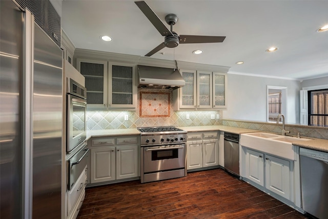 kitchen featuring sink, high end appliances, ventilation hood, dark hardwood / wood-style flooring, and decorative backsplash