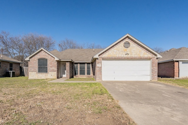 ranch-style house with central AC, a garage, and a front lawn