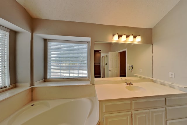 bathroom with vanity, a washtub, and a textured ceiling