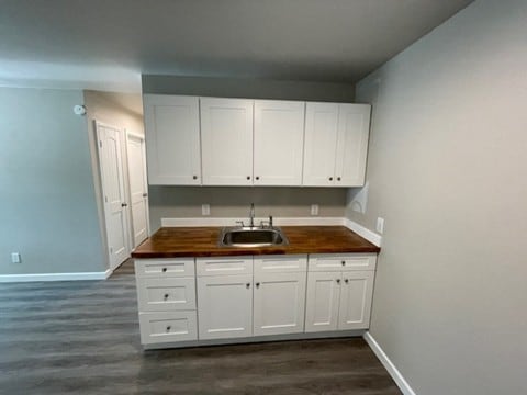 kitchen featuring white cabinetry, sink, butcher block countertops, and dark wood-type flooring